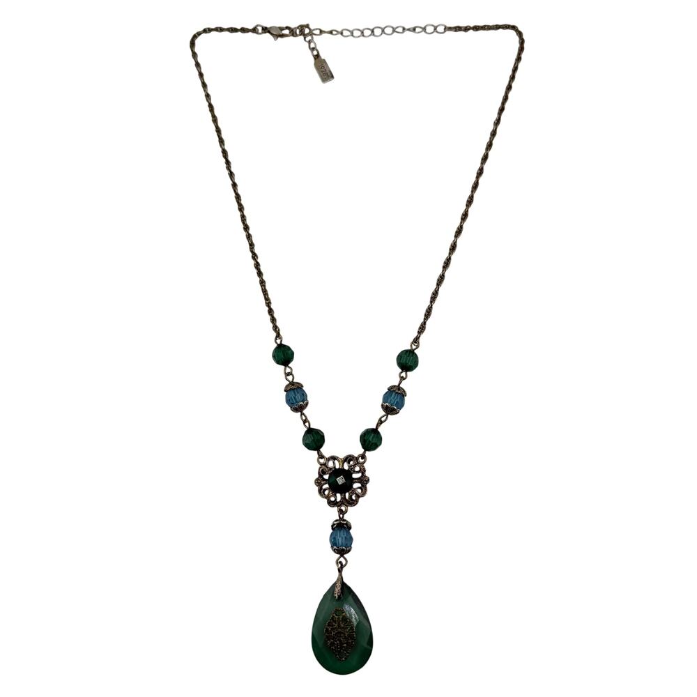 1928 Victorian Style Green Rhinestone Beads Filigree Y Drop 19" Necklace